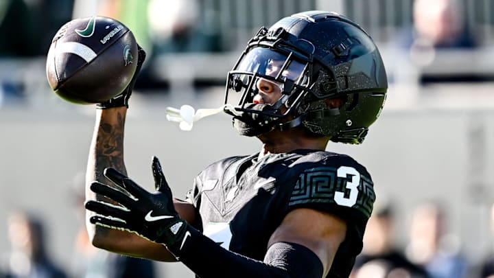 Michigan State's Montorie Foster Jr. catches a pass before the game against Indiana on Saturday, Nov. 2, 2024, at Spartan Stadium in East Lansing. Michigan State's Montorie Foster Jr. catches a pass before the game against Indiana on Saturday, Nov. 2, 2024, at Spartan Stadium in East Lansing.