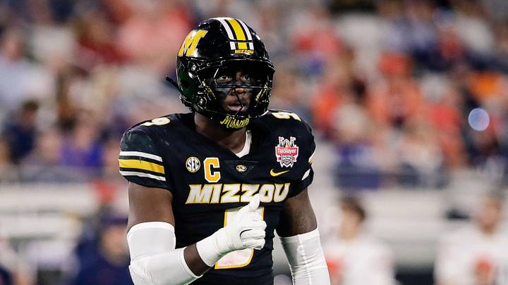 Dec 27, 2025; Jacksonville, FL, USA; Missouri Tigers defensive end Zion Young (9) looks on before a play against the Virginia Cavaliers in the first half at EverBank Stadium. Mandatory Credit: Travis Register-Imagn Images