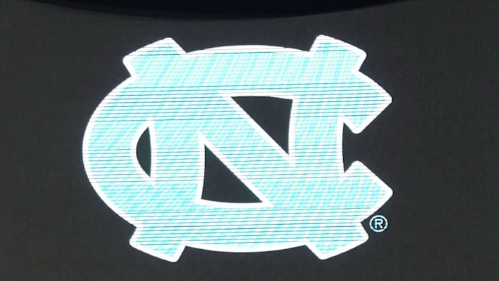 Mar 27, 2024; Los Angeles, CA, USA; The North Carolina Tar Heels logo on the video board during practice prior to NCAA Tournament at West Regional at Crypto.com Arena. Mandatory Credit: Kirby Lee-Imagn Images