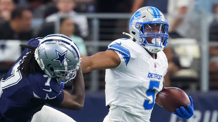 Montgomery stiff-arms CB Trevon Diggs during a dominant win over the Cowboys