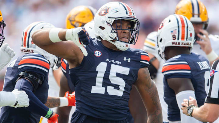 Auburn Tigers defensive lineman Keldric Faulk (15) celebrates a stop as Auburn Tigers take on California Golden Bears at Jordan-Hare Stadium in Auburn, Ala., on Saturday, Sept. 7, 2024.