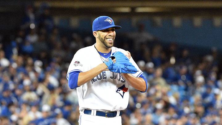 Oct 8, 2015; Toronto, Ontario, CAN; Toronto Blue Jays starting pitcher David Price reacts in the fifth inning against the Texas Rangers in game one of the ALDS at Rogers Centre. Mandatory Credit: Nick Turchiaro-Imagn Images