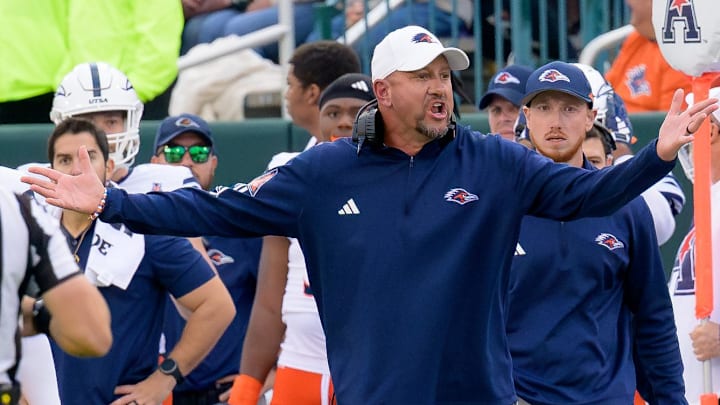 Nov 24, 2023; New Orleans, Louisiana, USA; UTSA Roadrunners head coach Jeff Traylor reacts to a pass interference call while playing against the Tulane Green Wave during the first half at Yulman Stadium. Nov 24, 2023; New Orleans, Louisiana, USA; UTSA Roadrunners head coach Jeff Traylor reacts to a pass interference call while playing against the Tulane Green Wave during the first half at Yulman Stadium.