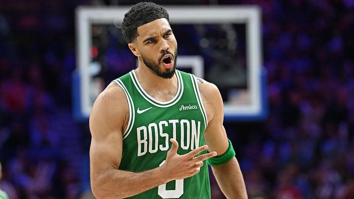 Apr 24, 2026; Philadelphia, Pennsylvania, USA; Boston Celtics forward Jayson Tatum (0) reacts after a three point basket against the Philadelphia 76ers during the second half at Xfinity Mobile Arena. Mandatory Credit: Eric Hartline-Imagn Images