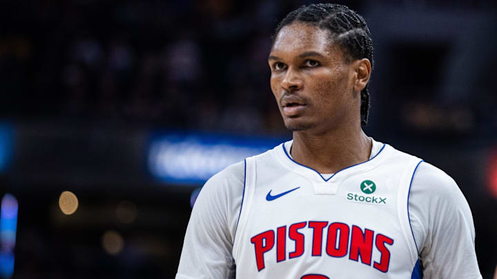 Apr 12, 2026; Indianapolis, Indiana, USA;  Detroit Pistons guard Ausar Thompson (9) in the second half against the Indiana Pacers at Gainbridge Fieldhouse.