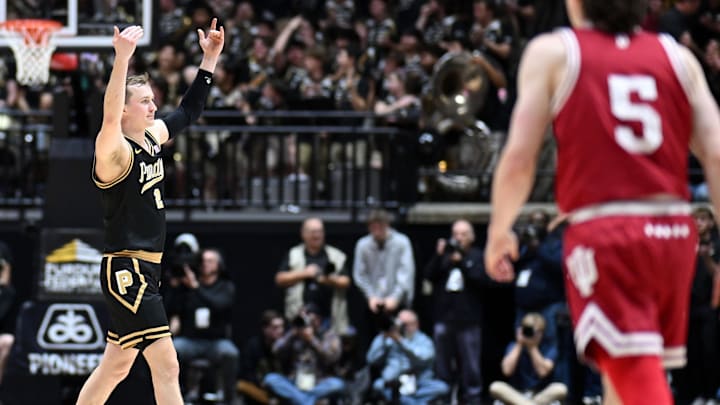 Feb 20, 2026; West Lafayette, Indiana, USA; Purdue Boilermakers guard Fletcher Loyer (2) motions to the crowd during the second half against the Indiana Hoosiers at Mackey Arena. Feb 20, 2026; West Lafayette, Indiana, USA; Purdue Boilermakers guard Fletcher Loyer (2) motions to the crowd during the second half against the Indiana Hoosiers at Mackey Arena.