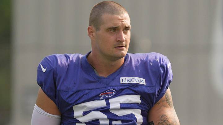 Buffalo Bills defensive end Michael Hoecht gets ready to move to another area to start a new drill at Bills Training Camp. Buffalo Bills defensive end Michael Hoecht gets ready to move to another area to start a new drill at Bills Training Camp.