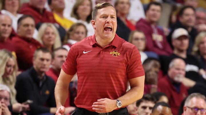 Jan 2, 2026; Ames, Iowa, USA; Iowa State Cyclones head coach T.J. Otzelberger watches his team play the West Virginia Mountaineers during the second half at James H. Hilton Coliseum. Jan 2, 2026; Ames, Iowa, USA; Iowa State Cyclones head coach T.J. Otzelberger watches his team play the West Virginia Mountaineers during the second half at James H. Hilton Coliseum.