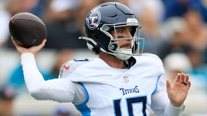 Tennessee Titans quarterback Brandon Allen (10) throws the ball during the first quarter of an NFL football matchup at EverBank Stadium, Sunday, Jan. 4, 2026, in Jacksonville, Fla. The Jaguars defeated the Titans 41-7, capturing the AFC South title. [Corey Perrine/Florida Times-Union]