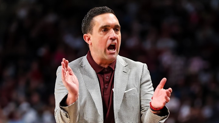 Mississippi State Bulldogs head coach Sam Purcell celebrates a play against the South Carolina Gamecocks in the first half at Colonial Life Arena.
