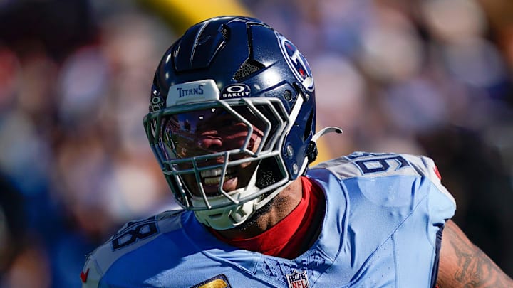 Tennessee Titans defensive tackle Jeffery Simmons celebrates his safety against the Kansas City Chiefs