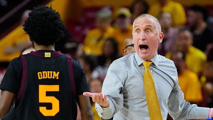 Arizona State head coach Bobby Hurley argues with an official during a game against Arizona at Desert Financial Arena in Tempe, on Jan. 31, 2026.