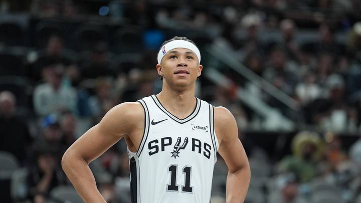 Mar 30, 2026; San Antonio, Texas, USA;  San Antonio Spurs forward Carter Bryant (11) looks up in the second half against the Chicago Bulls at Frost Bank Center. Mandatory Credit: Daniel Dunn-Imagn Images
