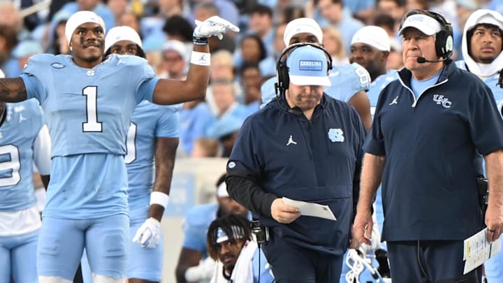 Nov 22, 2025; Chapel Hill, North Carolina, USA; North Carolina Tar Heels head coach Bill Belichick watches play during the first half against the Duke Blue Devils at Kenan Stadium. Mandatory Credit: William Howard-Imagn Images