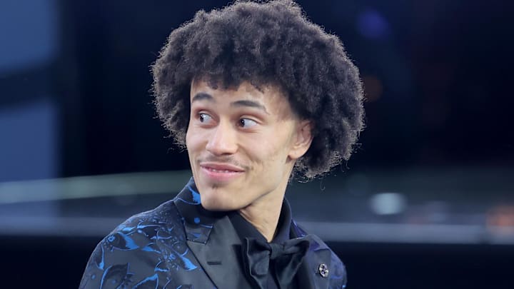 Jun 25, 2025; Brooklyn, NY, USA; Nolan Traore reacts after being selected as the 19th pick by the Brooklyn Nets in the first round of the 2025 NBA Draft at Barclays Center. Mandatory Credit: Brad Penner-Imagn Images Jun 25, 2025; Brooklyn, NY, USA; Nolan Traore reacts after being selected as the 19th pick by the Brooklyn Nets in the first round of the 2025 NBA Draft at Barclays Center. Mandatory Credit: Brad Penner-Imagn Images