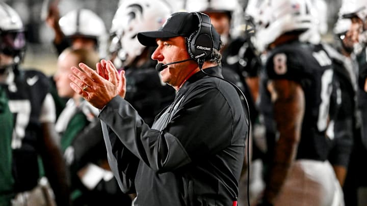 Michigan State's head coach Jonathan Smith claps while looking on during the second overtime in the game against Boston College on Saturday, Sept. 6, 2025, at Spartan Stadium in East Lansing. Michigan State's head coach Jonathan Smith claps while looking on during the second overtime in the game against Boston College on Saturday, Sept. 6, 2025, at Spartan Stadium in East Lansing.