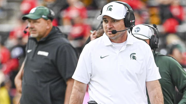 Sep 7, 2024; College Park, Maryland, USA; Michigan State Spartans head coach Jonathan Smith walks the sidelines during the first half against the Maryland Terrapins at SECU Stadium. Mandatory Credit: Tommy Gilligan-Imagn Images Sep 7, 2024; College Park, Maryland, USA; Michigan State Spartans head coach Jonathan Smith walks the sidelines during the first half against the Maryland Terrapins at SECU Stadium. Mandatory Credit: Tommy Gilligan-Imagn Images