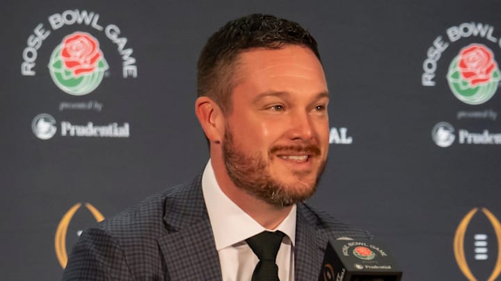 Oregon head coach Dan Lanning speaks during the coaches press conference in Los Angeles Tuesday, Dec. 31, 2024, ahead of the Rose Bowl.