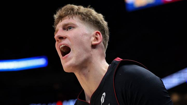 Miami Heat guard Kasparas Jakucionis (25) reacts against the Milwaukee Bucks during the third quarter at Kaseya Center on Mar 12, 2026.