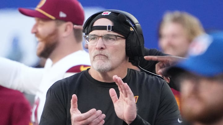 Nov 3, 2024; East Rutherford, New Jersey, USA; Washington Commanders head coach Dan Quinn against the New York Giants at MetLife Stadium. Mandatory Credit: Robert Deutsch-Imagn Images