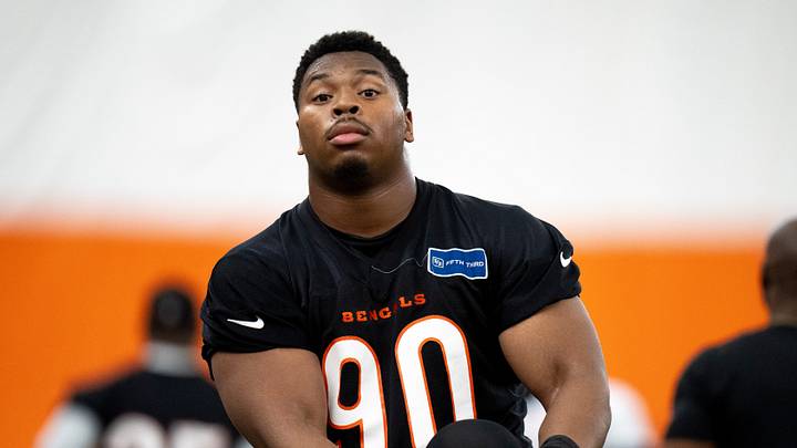 Cincinnati Bengals defensive tackle Kris Jenkins Jr. (90) stretches at Bengals spring practice at the IEL Indoor Facility in Cincinnati on Thursday, June 13, 2024. Cincinnati Bengals defensive tackle Kris Jenkins Jr. (90) stretches at Bengals spring practice at the IEL Indoor Facility in Cincinnati on Thursday, June 13, 2024.