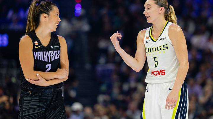 Kaitlyn Chen (2) of the Golden State Valkyries and Paige Bueckers (5) of the Dallas Wings interact during a game. Kaitlyn Chen (2) of the Golden State Valkyries and Paige Bueckers (5) of the Dallas Wings interact during a game.