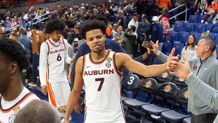 Auburn Tigers forward Keyshawn Hall (7) high fives coaches before the game as Auburn Tigers take on South Alabama Jaguars during the first round of the National Invitation Tournament at Neville Arena in Auburn, Ala. on Tuesday, March 17, 2026. Auburn Tigers forward Keyshawn Hall (7) high fives coaches before the game as Auburn Tigers take on South Alabama Jaguars during the first round of the National Invitation Tournament at Neville Arena in Auburn, Ala. on Tuesday, March 17, 2026.