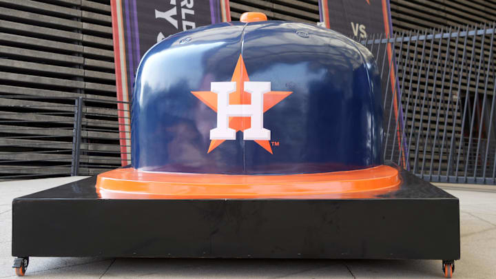 Apr 27, 2024; Mexico City, Mexico; A large Houston Astros helmet at the MLB World Tour Mexico Series game at Estadio Alfredo Harp Helu. Mandatory Credit: Kirby Lee-Imagn Images Apr 27, 2024; Mexico City, Mexico; A large Houston Astros helmet at the MLB World Tour Mexico Series game at Estadio Alfredo Harp Helu. Mandatory Credit: Kirby Lee-Imagn Images