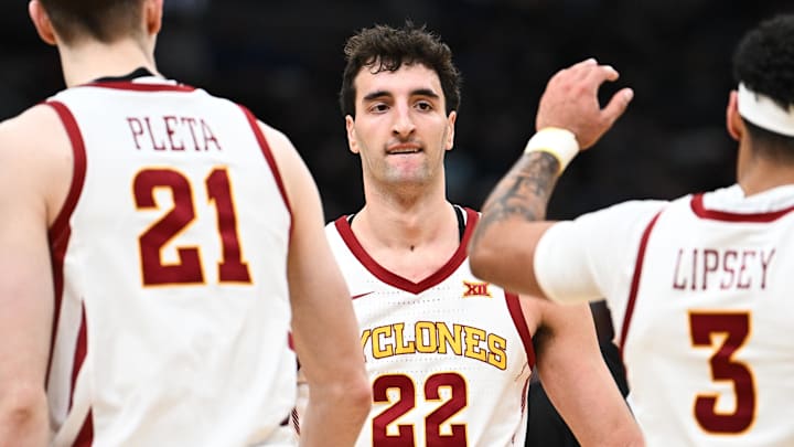 Mar 22, 2026; St. Louis, MO, USA; Iowa State Cyclones forward Milan Momcilovic (22) celebrates with Iowa State Cyclones guard Tamin Lipsey (3) after a play during the second half against the Kentucky Wildcats during a second round game of the men's 2026 NCAA Tournament at Enterprise Center. Mandatory Credit: Jeff Le-Imagn Images