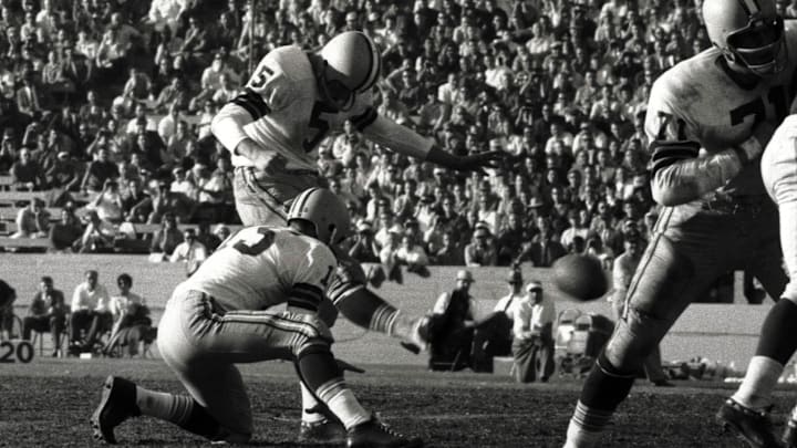 Packers running back great Paul Hornung also did his team's kicking for a while and made a free kick against the Bears.
