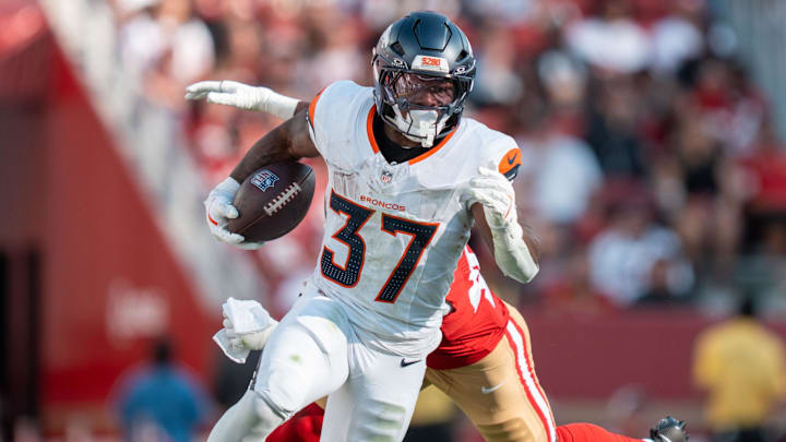 August 9, 2025; Santa Clara, California, USA; Denver Broncos running back RJ Harvey (37) during the first quarter against the San Francisco 49ers at Levi's Stadium. 