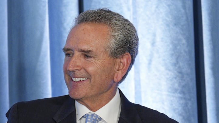 Dec 12, 2024; Chapel Hill, NC, USA; North Carolina Tar Heels new head coach Bill Belichick shares a moment with athletic director Bubba Cunningham at Loudermilk Center for Excellence. Mandatory Credit: Jim Dedmon-Imagn Images Dec 12, 2024; Chapel Hill, NC, USA; North Carolina Tar Heels new head coach Bill Belichick shares a moment with athletic director Bubba Cunningham at Loudermilk Center for Excellence. Mandatory Credit: Jim Dedmon-Imagn Images