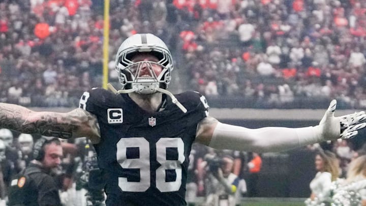 Dec 7, 2025; Paradise, Nevada, USA;  Las Vegas Raiders defensive end Maxx Crosby (98) takes the field prior to a game against the Denver Broncos at Allegiant Stadium. Mandatory Credit: Kirby Lee-Imagn Images