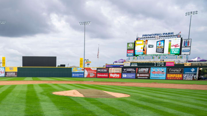 Des Moines Register sports columnist Randy Peterson reacts to the announcement that the Iowa Cubs named the press box in honor of Peterson after his retirement ending a 52-year career at the Des Moines Register, Tuesday, Aug. 13, 2024.