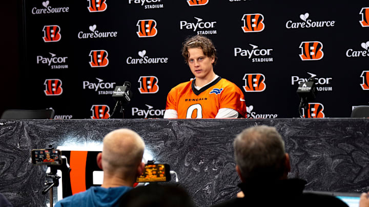 Cincinnati Bengals quarterback Joe Burrow speaks at a press conference at Paycor Stadium in Cincinnati on Nov. 25, 2025.