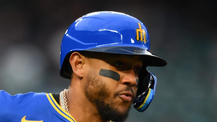 Seattle Mariners center fielder Julio Rodriguez (44) runs towards first base after hitting a double during the third inning against Cleveland Guardians at T-Mobile Park on June 13. Seattle Mariners center fielder Julio Rodriguez (44) runs towards first base after hitting a double during the third inning against Cleveland Guardians at T-Mobile Park on June 13.