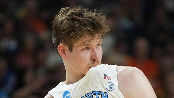 Mar 19, 2026; Greenville, SC, USA; North Carolina Tar Heels center Henri Veesaar (13) bites his jersey against the VCU Rams in the second half of a first round game of the men's 2026 NCAA Tournament at Bon Secours Wellness Arena. Mandatory Credit: Bob Donnan-Imagn Images