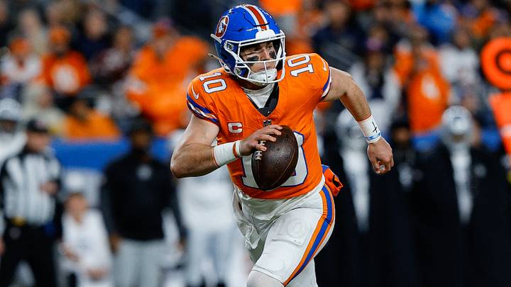 Nov 6, 2025; Denver, Colorado, USA; Denver Broncos quarterback Bo Nix (10) scrambles with the ball in the fourth quarter at Empower Field at Mile High. Nov 6, 2025; Denver, Colorado, USA; Denver Broncos quarterback Bo Nix (10) scrambles with the ball in the fourth quarter at Empower Field at Mile High.