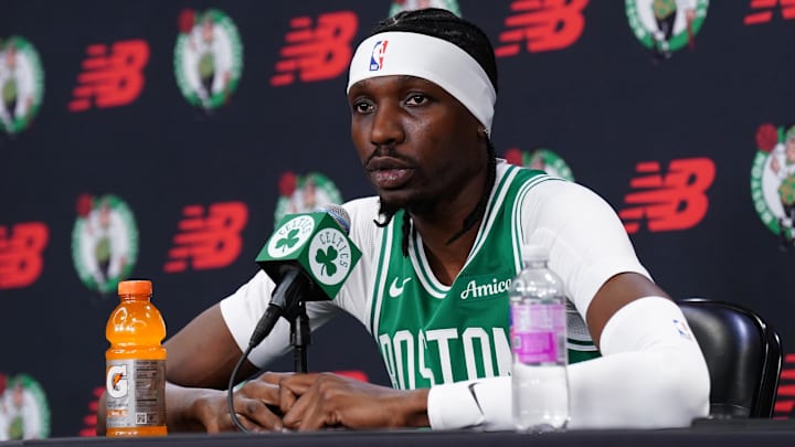 Sep 29, 2025; Boston, MA, USA; Boston Celtics forward Chris Boucher (99) talks with reporters during media day at the Auerbach Center.