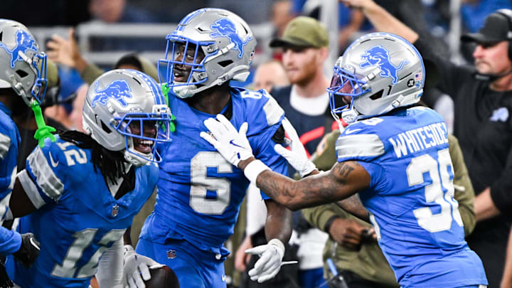 Detroit Lions cornerback Terrion Arnold (6) celebrates an interception in the second quarter against the Vikings