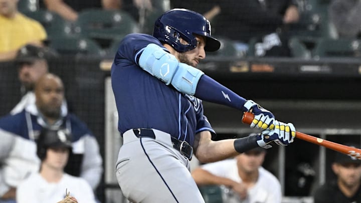Sep 9, 2025; Chicago, Illinois, USA;  Tampa Bay Rays second baseman Brandon Lowe (8) hits a two run home run during the second inning against the Chicago White Sox at Rate Field. Mandatory Credit: Matt Marton-Imagn Images