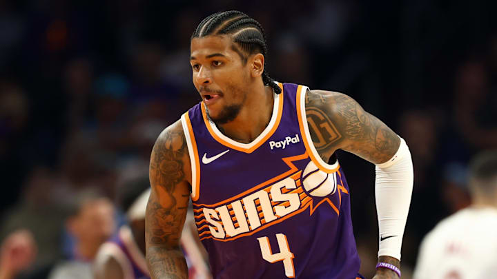 Jan 30, 2026; Phoenix, Arizona, USA; Phoenix Suns guard Jalen Green (4) against the Cleveland Cavaliers in the first half at Mortgage Matchup Center. Mandatory Credit: Mark J. Rebilas-Imagn Images