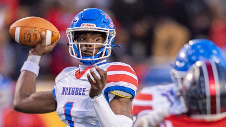 Noxubee County's Kamario Taylor (1) looks for an opening against Choctaw County during the MHSAA 3A championship game in Hattiesburg, Miss., Thursday, Dec. 5, 2024.