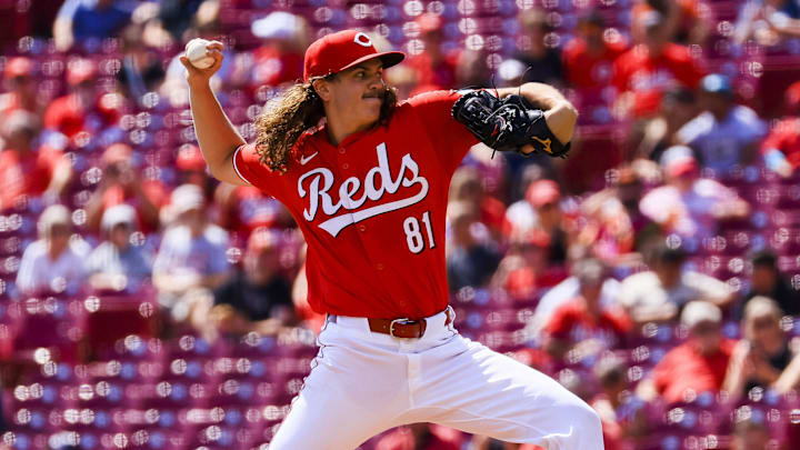 Sep 5, 2024; Cincinnati, Ohio, USA; Cincinnati Reds starting pitcher Rhett Lowder (81) pitches against the Houston Astros in the first inning at Great American Ball Park. Mandatory Credit: Katie Stratman-Imagn Images Sep 5, 2024; Cincinnati, Ohio, USA; Cincinnati Reds starting pitcher Rhett Lowder (81) pitches against the Houston Astros in the first inning at Great American Ball Park. Mandatory Credit: Katie Stratman-Imagn Images