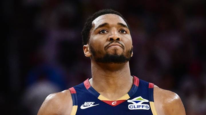 May 9, 2026; Cleveland, Ohio, USA; Cleveland Cavaliers guard Donovan Mitchell (45) reacts after the Cavaliers beat the Detroit Pistons in game three in the second round of the 2026 NBA Playoffs at Rocket Arena. Mandatory Credit: Ken Blaze-Imagn Images