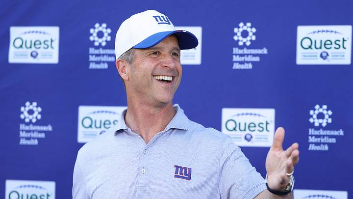 Jun 9, 2026; East Rutherford, NJ, USA; New York Giants head coach John Harbaugh answers questions from the press after the minicamp activities at Quest Diagnostics Center. Mandatory Credit: Thomas Salus-Imagn Images