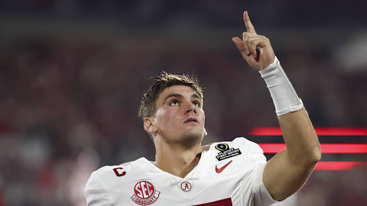 Dec 19, 2025; Norman, OK, USA; Alabama Crimson Tide quarterback Ty Simpson (15) gestures prior to a game against the Oklahoma Sooners at Gaylord Family OK Memorial Stadium. Mandatory Credit: Mark J. Rebilas-Imagn Images Dec 19, 2025; Norman, OK, USA; Alabama Crimson Tide quarterback Ty Simpson (15) gestures prior to a game against the Oklahoma Sooners at Gaylord Family OK Memorial Stadium. Mandatory Credit: Mark J. Rebilas-Imagn Images