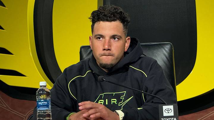 Oct. 10, 2026; Eugene, Oregon; Oregon quarterback Dylan Raiola addresses the press after the Ducks loss to the UCLA Bruins at Autzen Stadium Oct. 10, 2026; Eugene, Oregon; Oregon quarterback Dylan Raiola addresses the press after the Ducks loss to the UCLA Bruins at Autzen Stadium