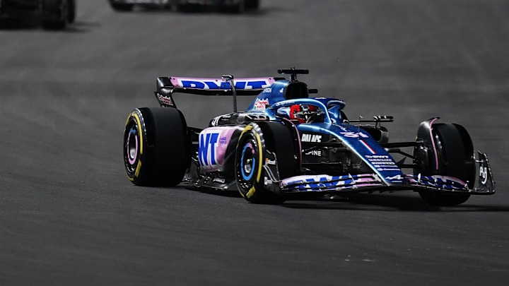 Nov 18, 2023; Las Vegas, Nevada, USA; BWT Alpine F1 driver Esteban Ocon of France (31) drives during the Formula 1 Heineken Silver Las Vegas Grand Prix at the Las Vegas Strip Circuit. Mandatory Credit: Lucas Peltier-USA TODAY Sports