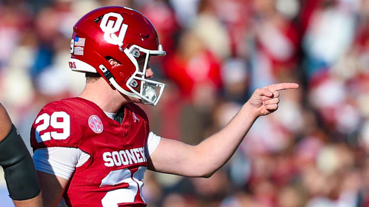 Oklahoma kicker Tate Sandell celebrates after making a field goal against LSU. Oklahoma kicker Tate Sandell celebrates after making a field goal against LSU.